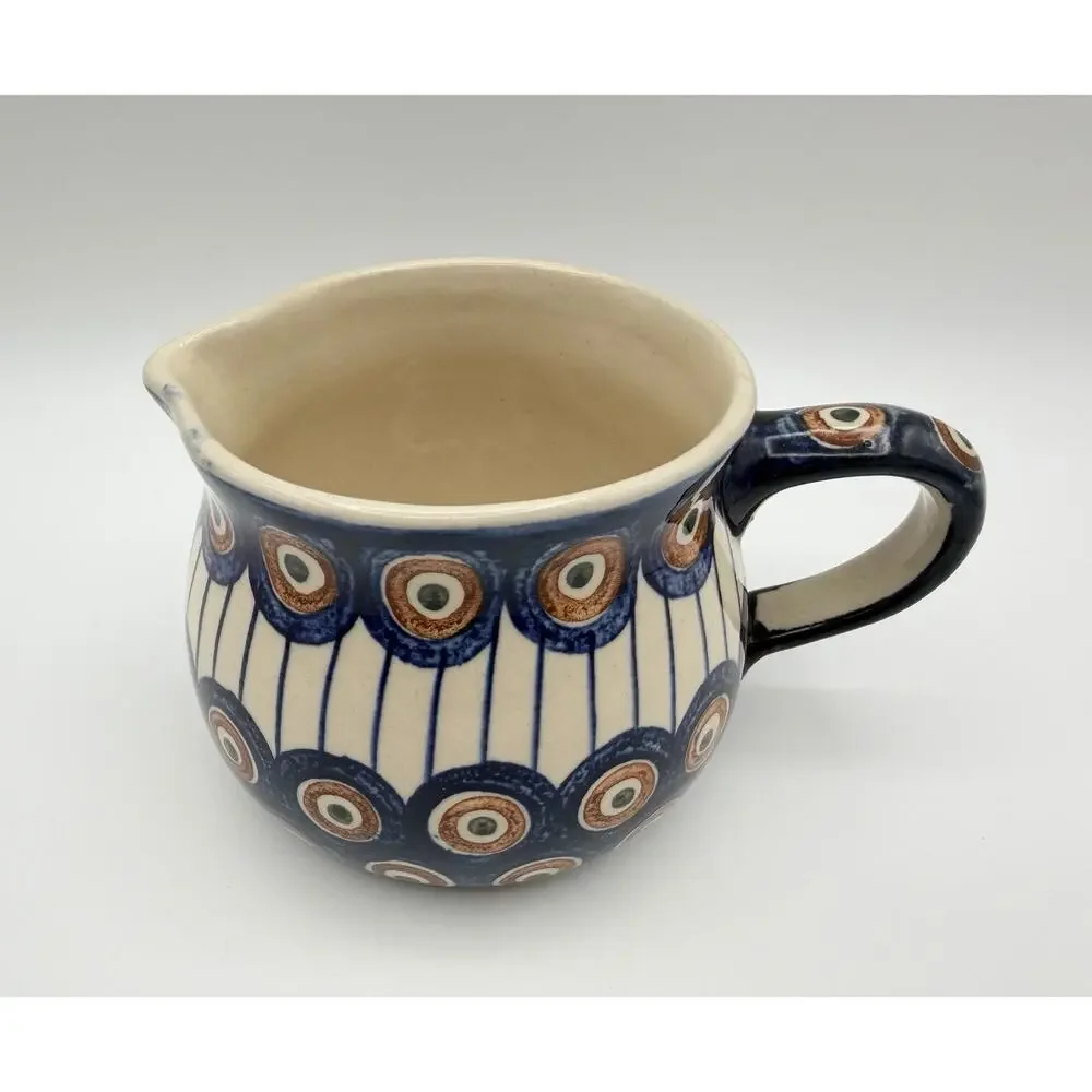 Boleslawiec Polish Pottery Handmade Stoneware Pitcher 16oz Blue Peacock Pattern